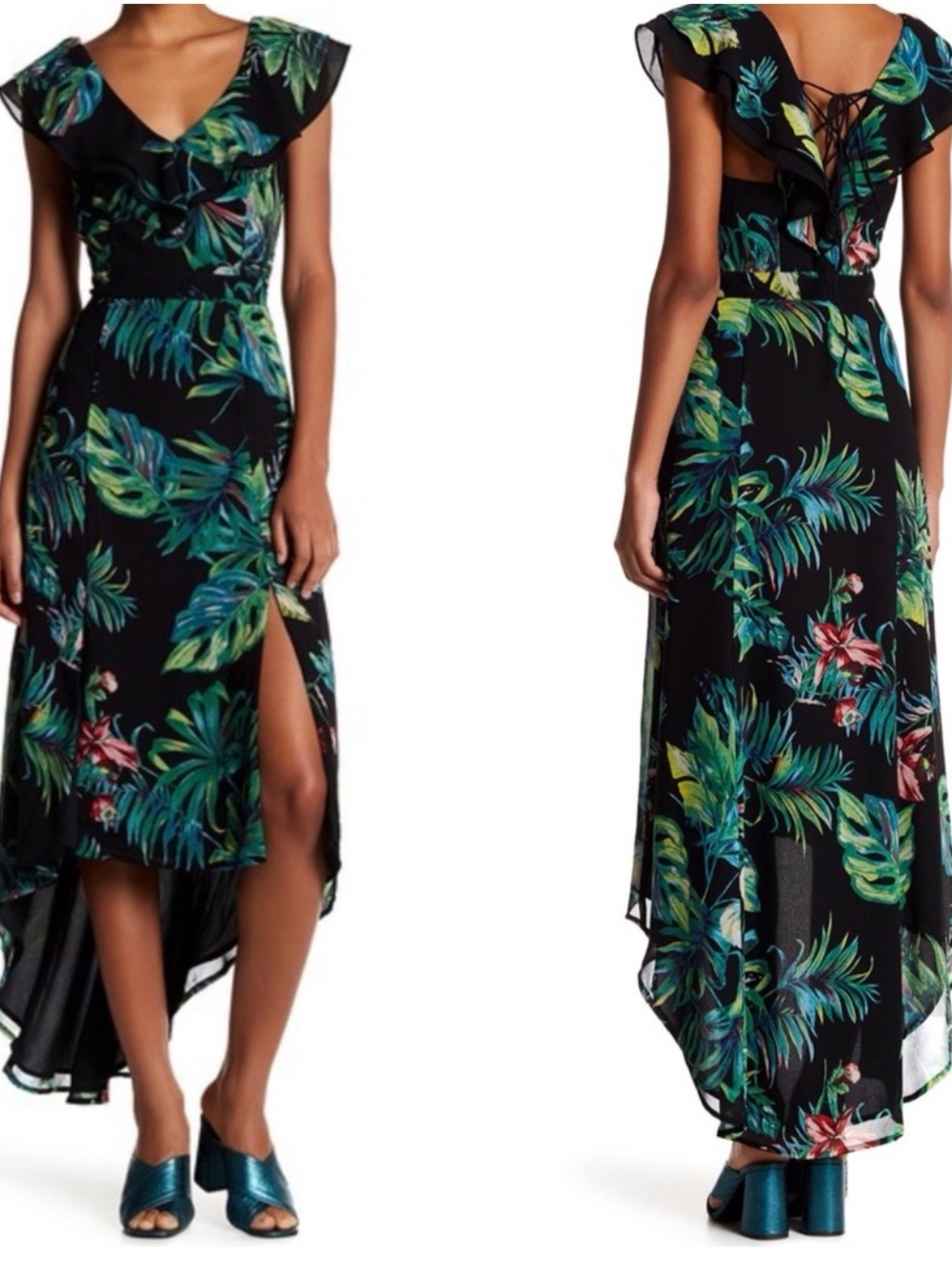 Adelyn Rae Black Tropical Leaf High-Low Midi Dress